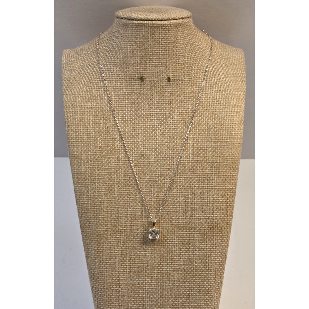 Vintage Sterling Silver Square Solitaire CZ Pendant Gold Sone Jewelry Necklace